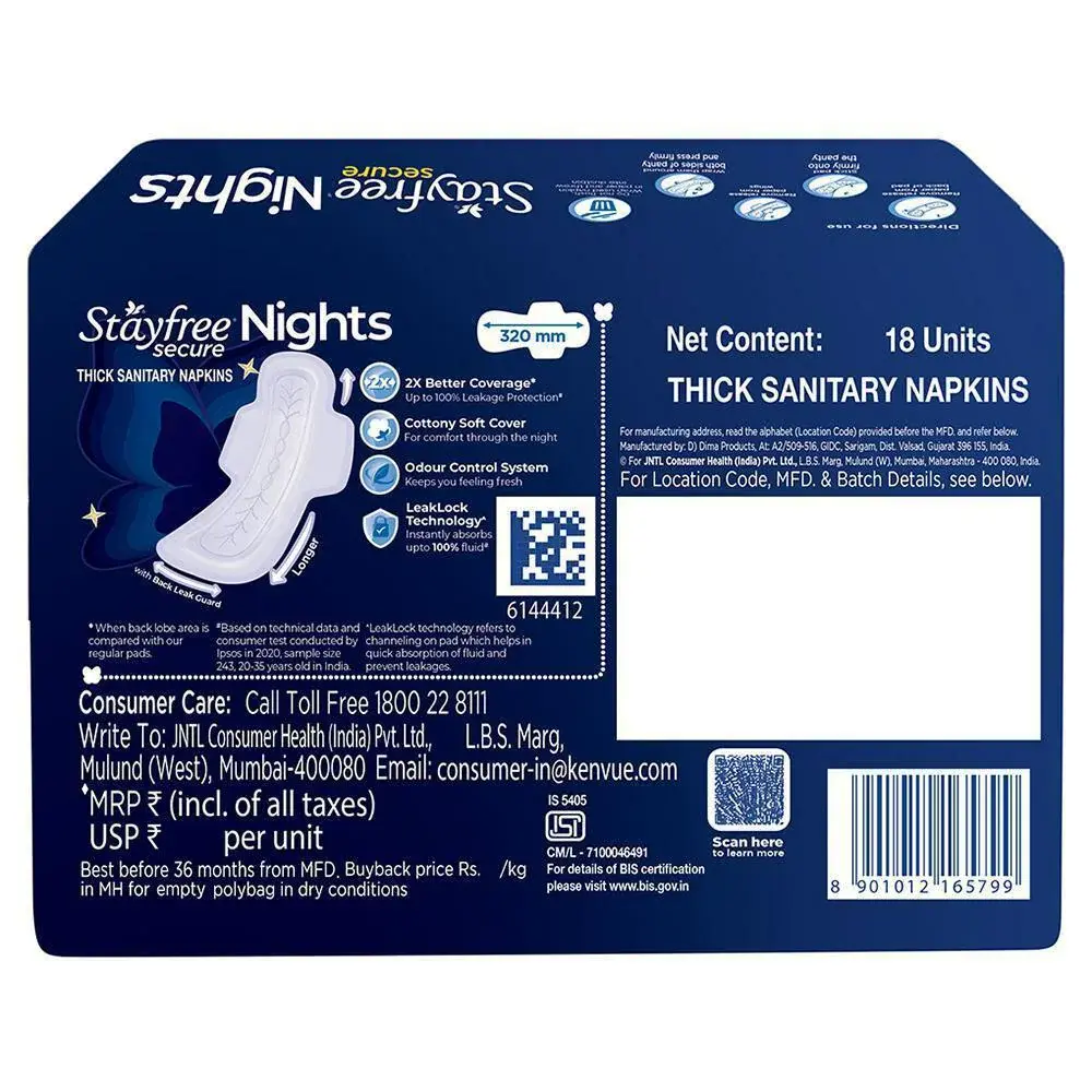 Stayfree Secure Nights Cottony Soft Comfort Sanitary Napkin 18 pads back.webp