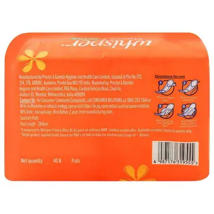 Whisper Choice Ultra Sanitary Napkin with Wings (XL) 40 pads back.webp