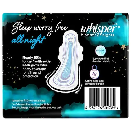 Whisper Bindazzz Nights Sanitary Napkin with Wings label.webp