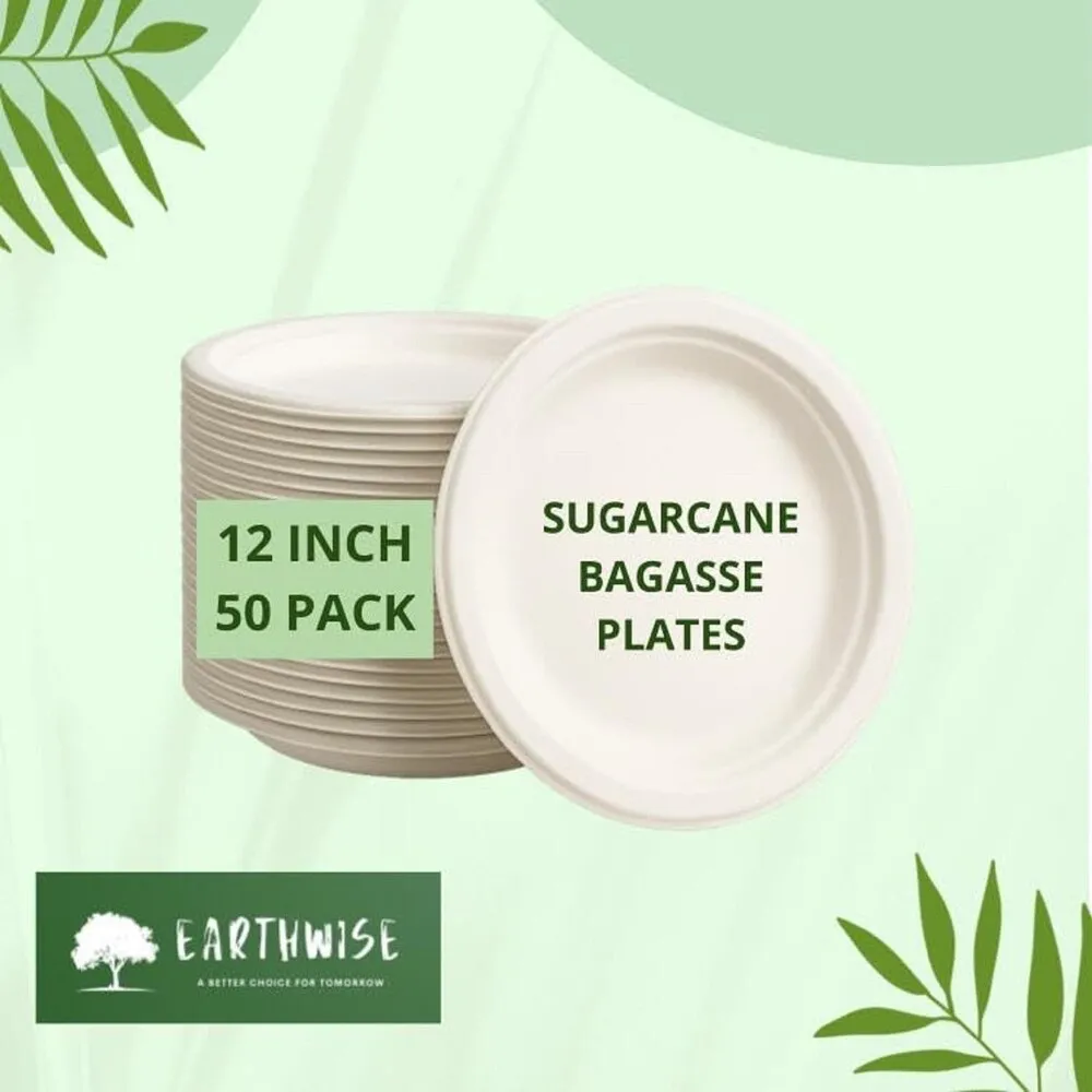 EARTHWISE Bagasse 12-inch, 50-Pack Round Plates  Eco-Friendly Biodegradable Like Bamboo Wood Plates  